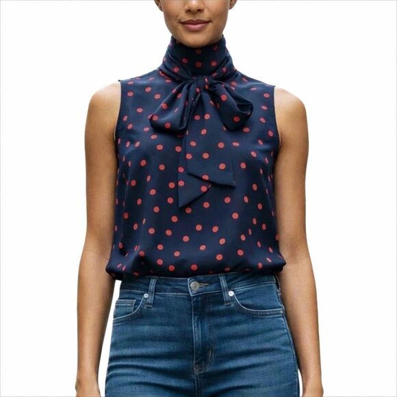 Tommy Hilfiger Tops - Tommy Hilfiger Navy Red Polka Dot Tie Neck Sleeveless Blouse XS Scarf NWT $69